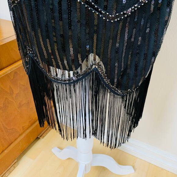 Vintage Size M Beaded Sequin Fringed Flapper Dress Black 20s Party - Picture 7 of 10